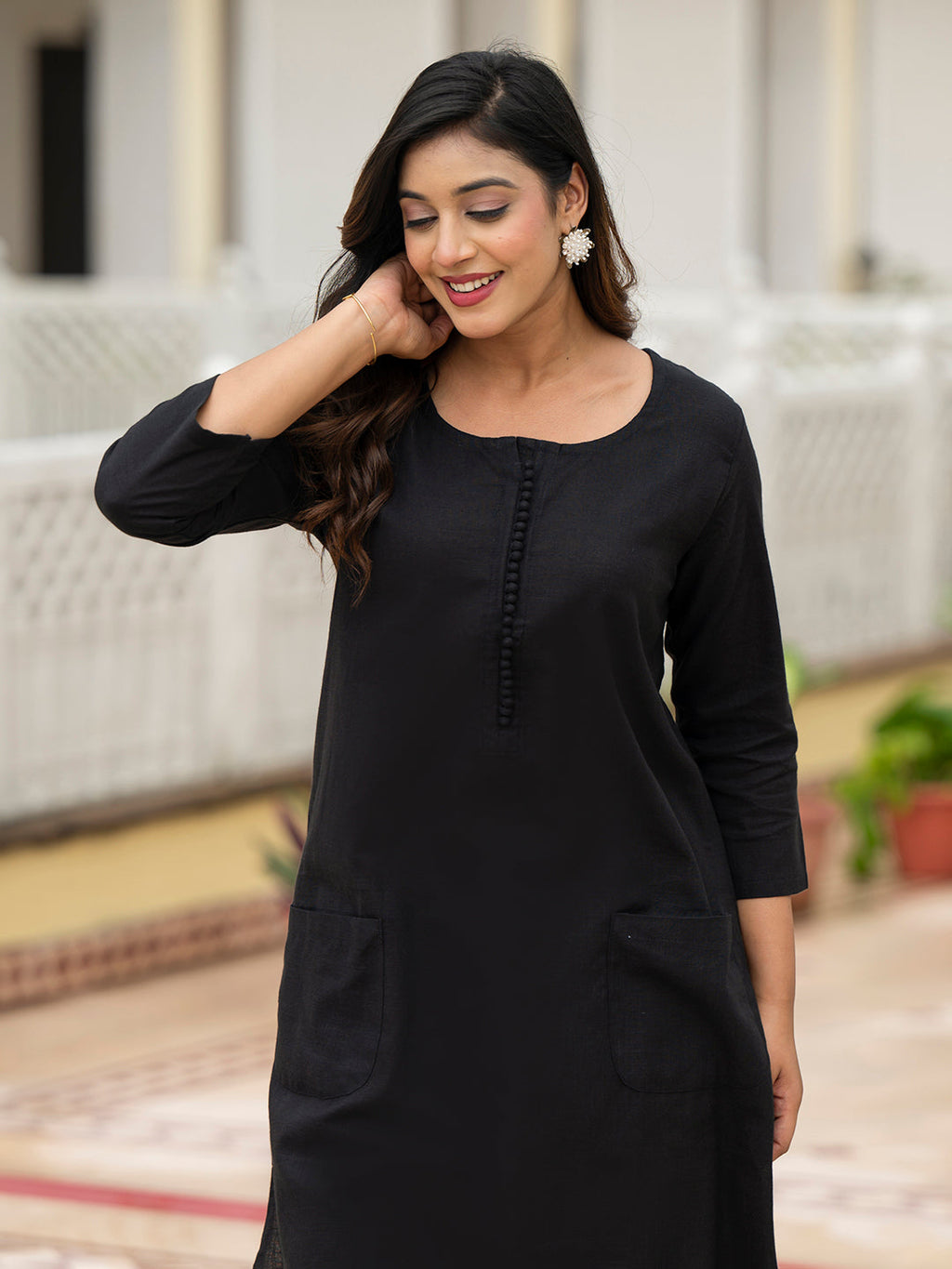 Noe Velarro Black Solid Cotton Kurta Palazzo Set