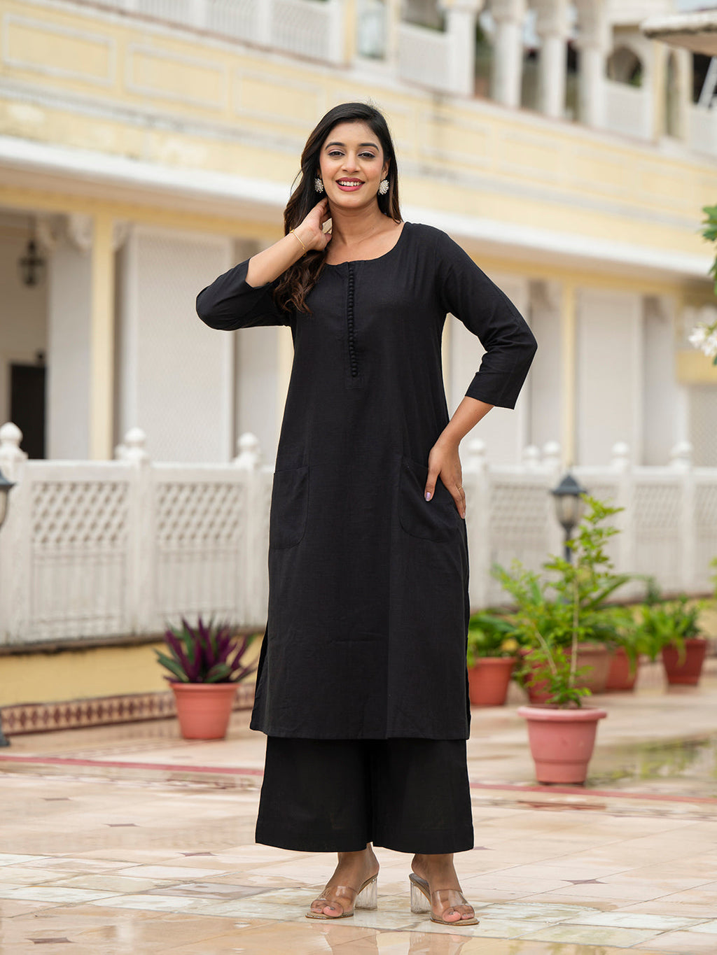 Noe Velarro Black Solid Cotton Kurta Palazzo Set