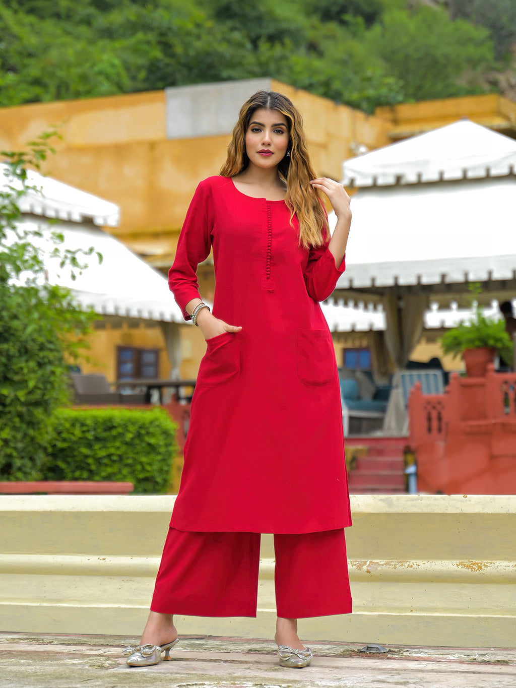 Noe Velarro Red Solid Cotton A-line Kurta Palazzo Sets