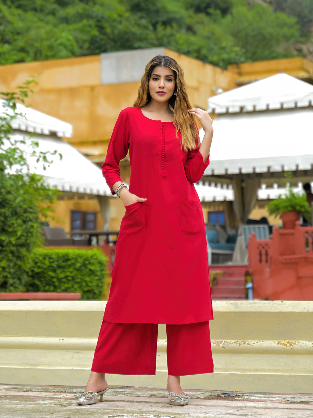 Noe Velarro Red Solid Cotton A-line Kurta Palazzo Sets