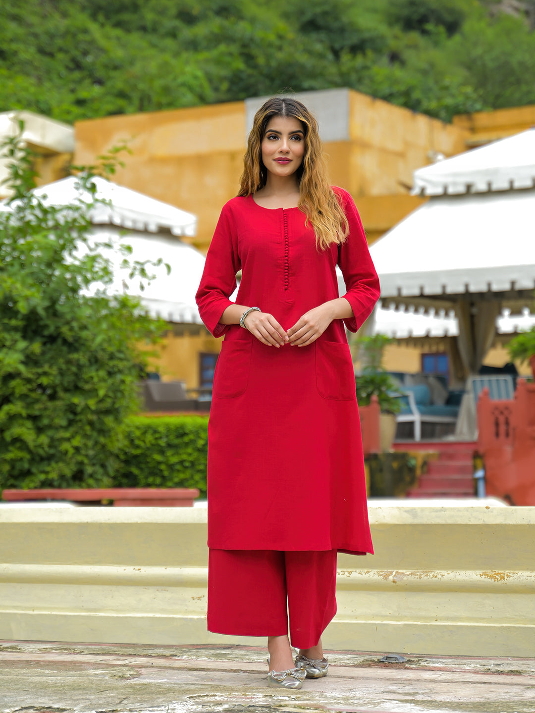 Noe Velarro Red Solid Cotton A-line Kurta Palazzo Sets