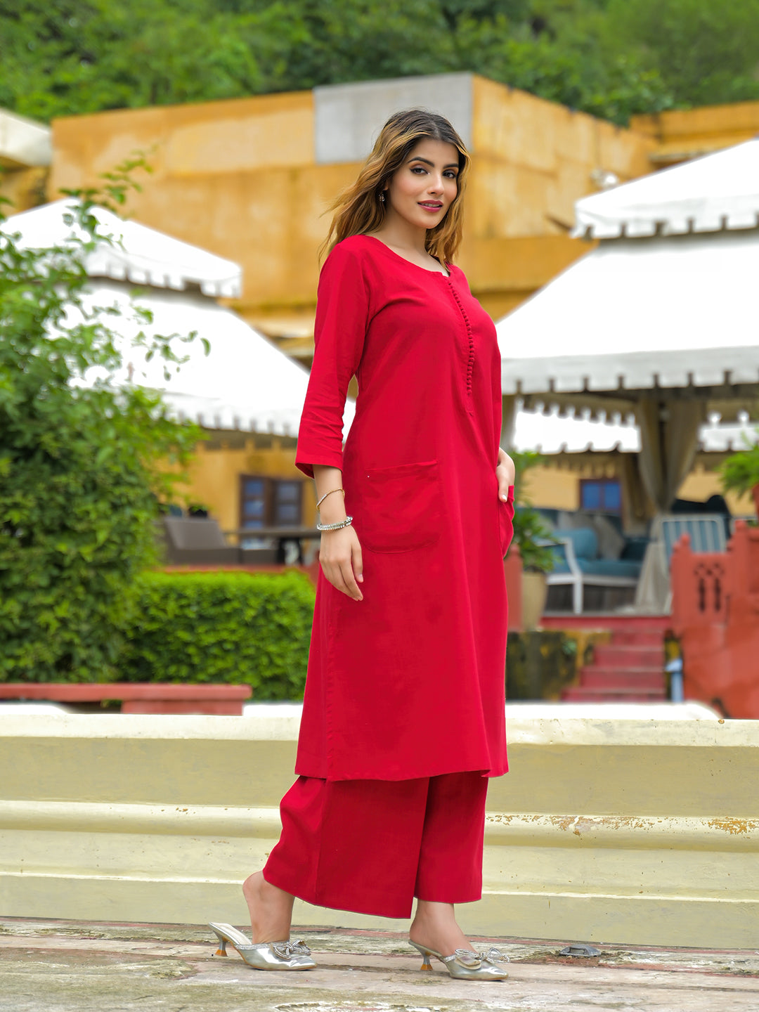 Noe Velarro Red Solid Cotton A-line Kurta Palazzo Sets