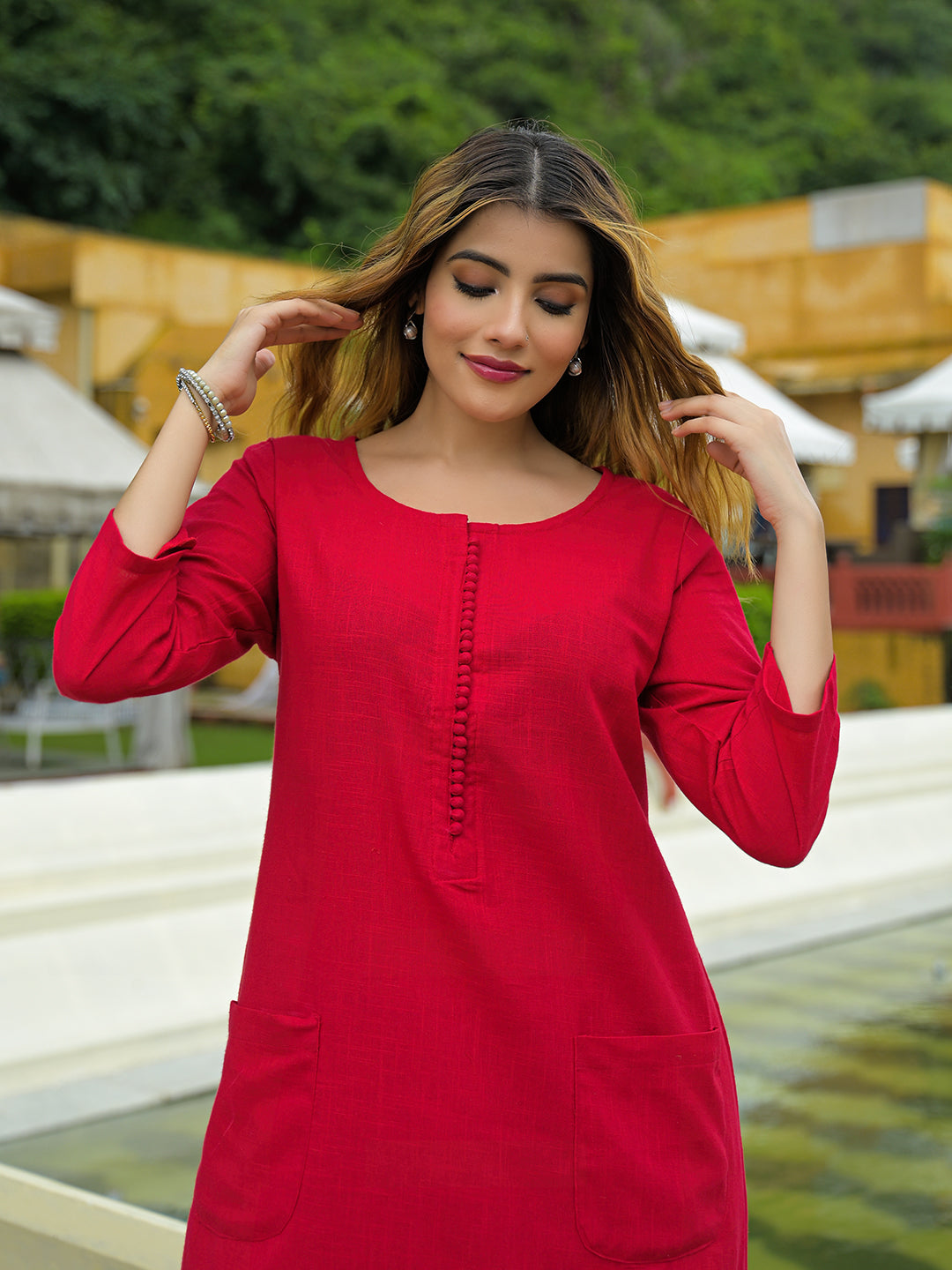 Noe Velarro Red Solid Cotton A-line Kurta Palazzo Sets