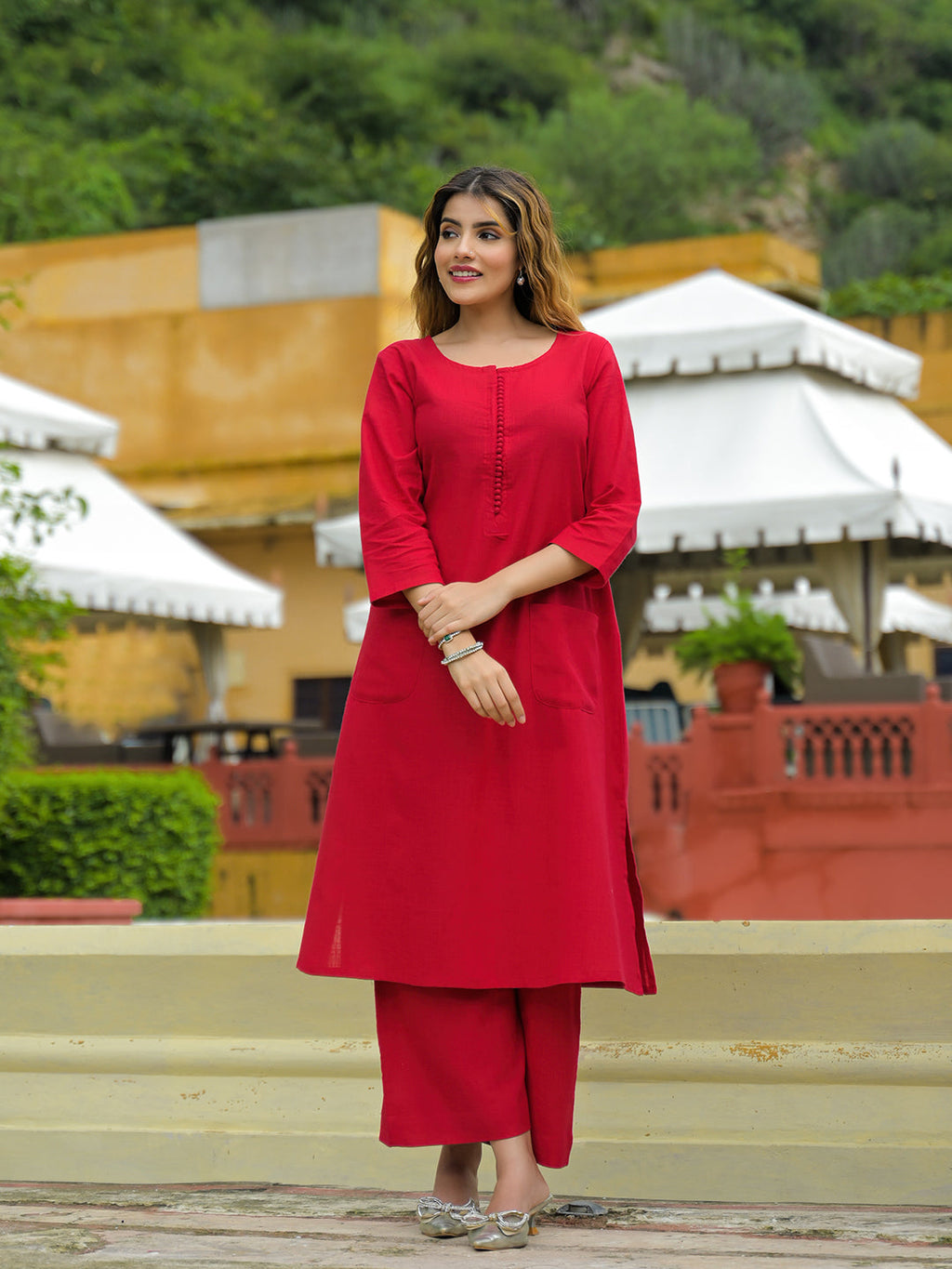 Noe Velarro Red Solid Cotton A-line Kurta Palazzo Sets