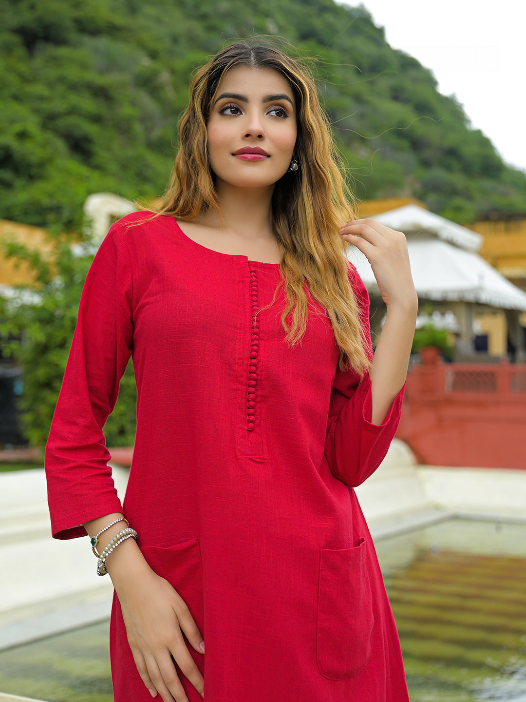 Noe Velarro Red Solid Cotton A-line Kurta Palazzo Sets