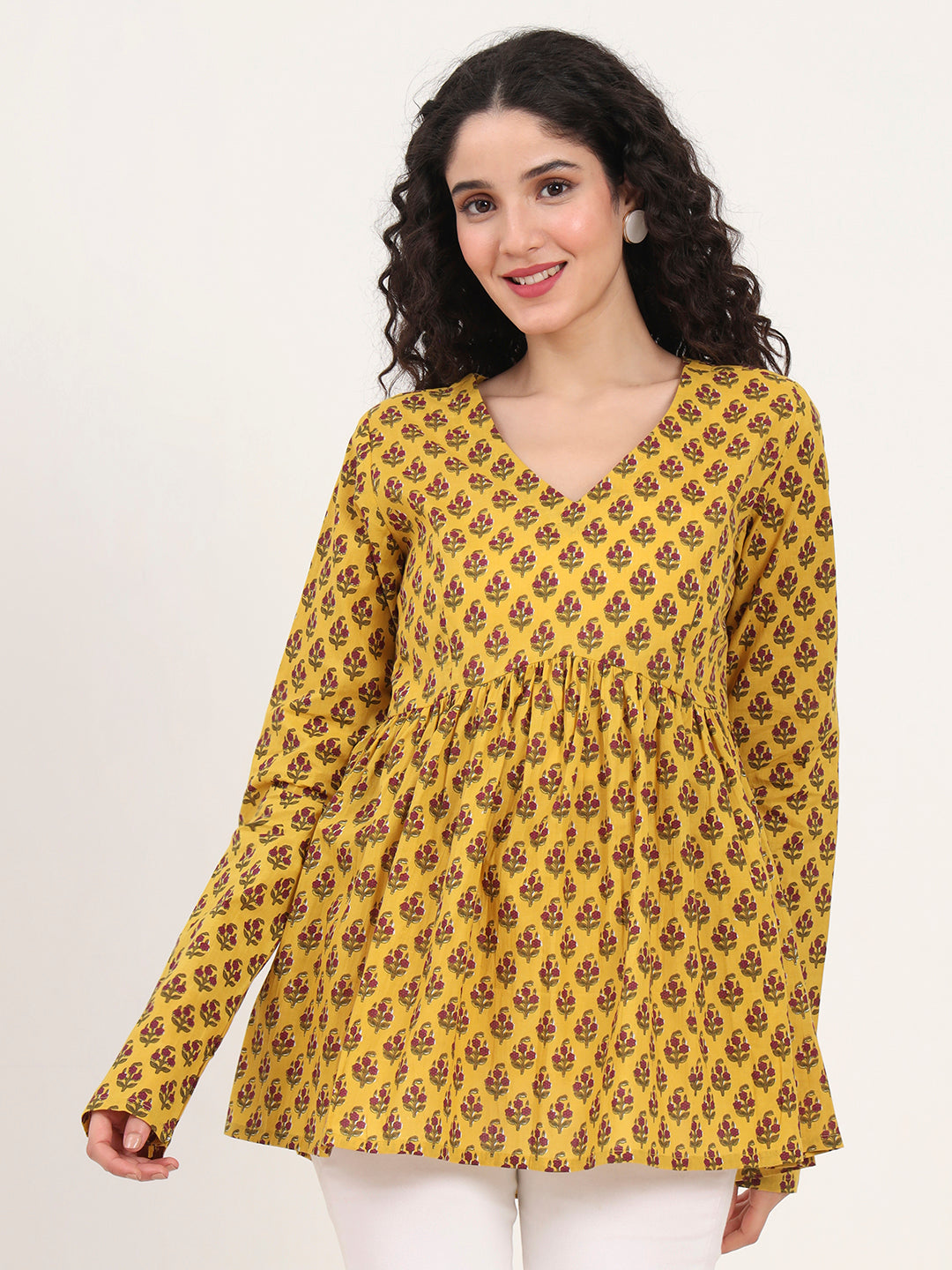 Noe Velarro Yellow Floral Printed V Neck Cotton Top