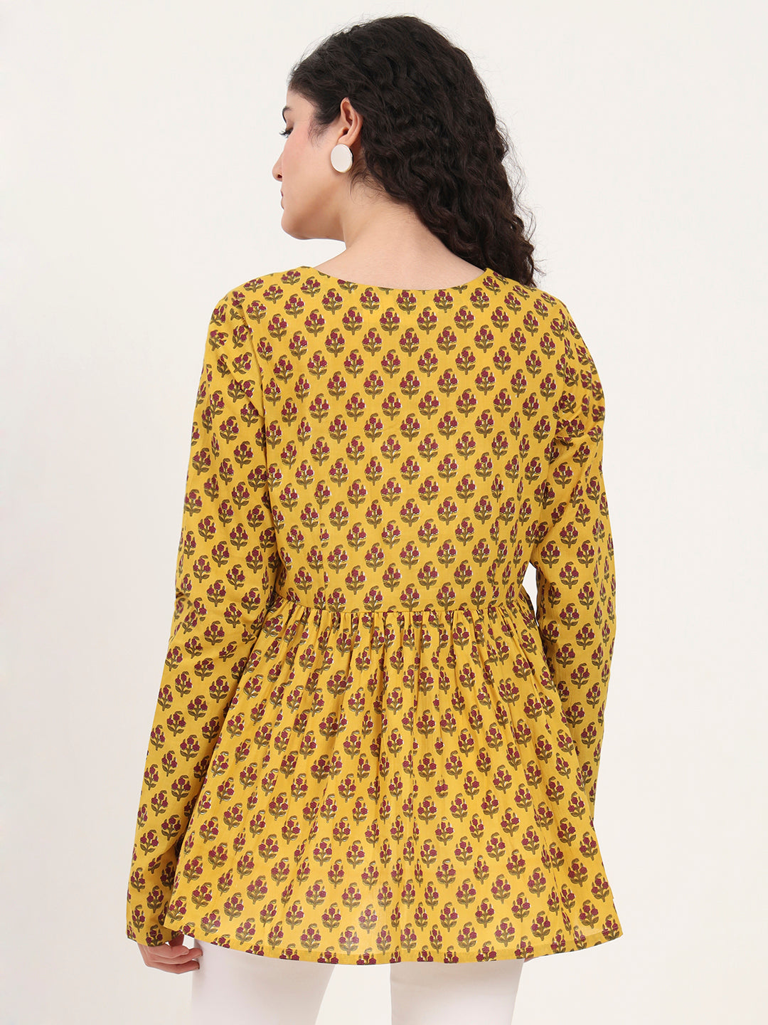 Noe Velarro Yellow Floral Printed V Neck Cotton Top