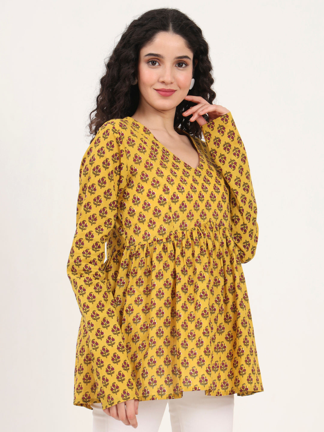 Noe Velarro Yellow Floral Printed V Neck Cotton Top