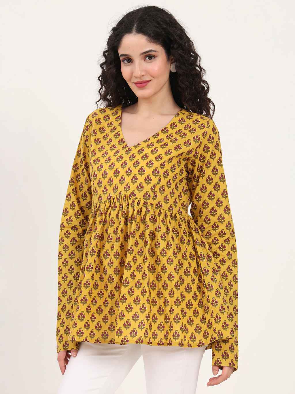 Noe Velarro Yellow Floral Printed V Neck Cotton Top