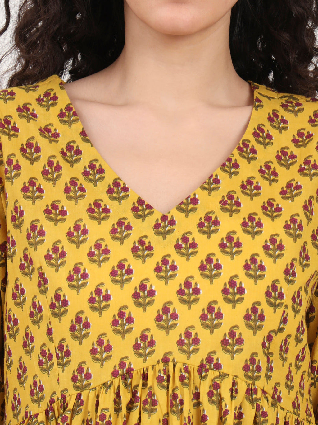 Noe Velarro Yellow Floral Printed V Neck Cotton Top