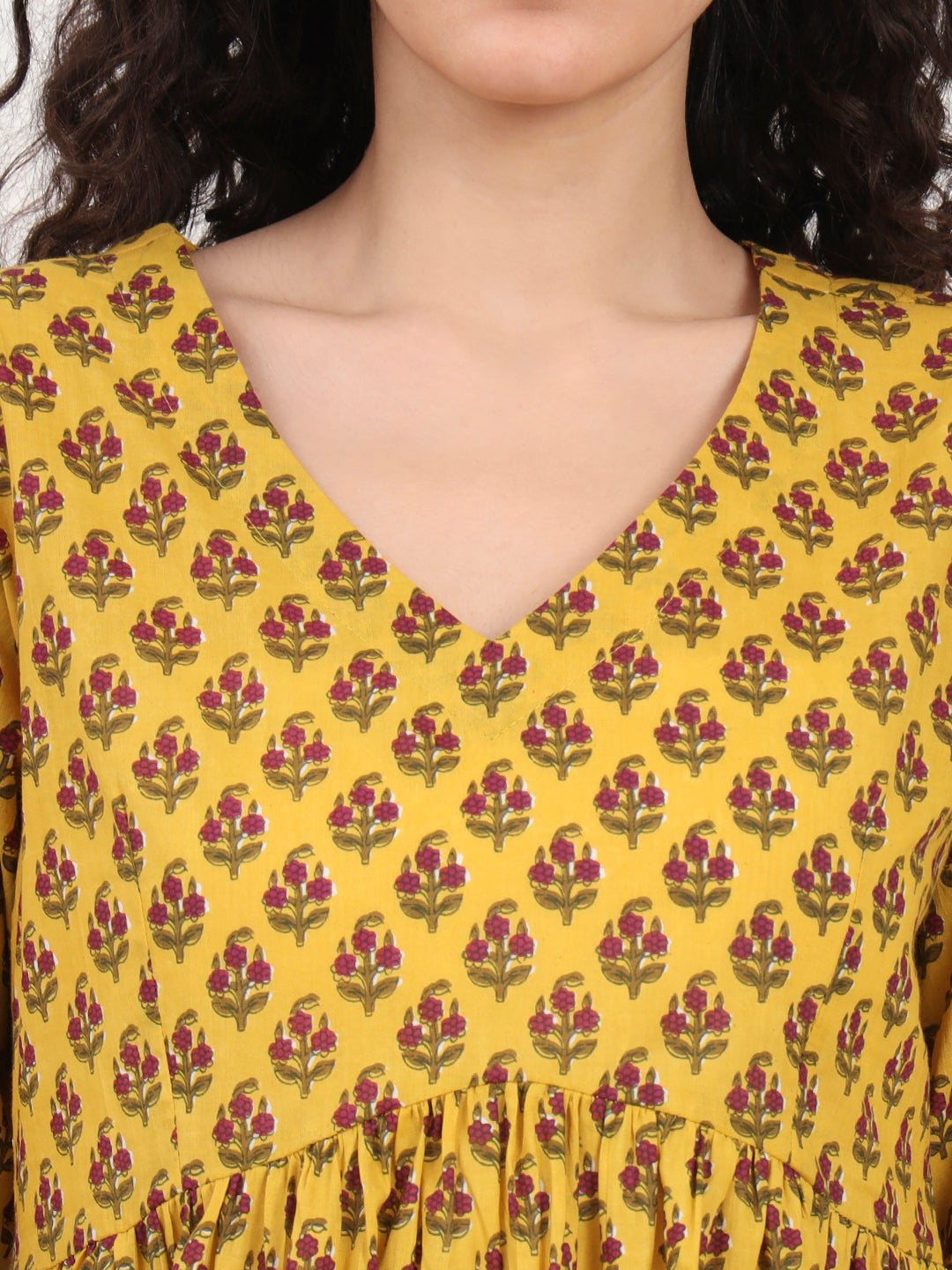 Noe Velarro Yellow Floral Printed V Neck Cotton Top