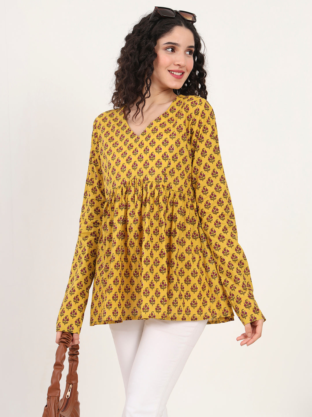 Noe Velarro Yellow Floral Printed V Neck Cotton Top