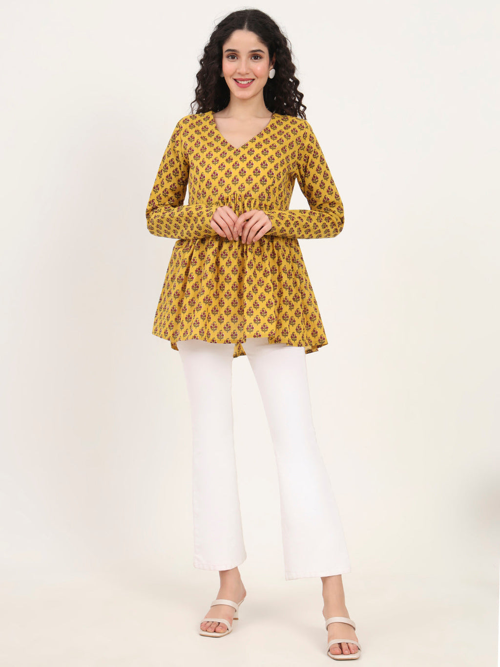 Noe Velarro Yellow Floral Printed V Neck Cotton Top