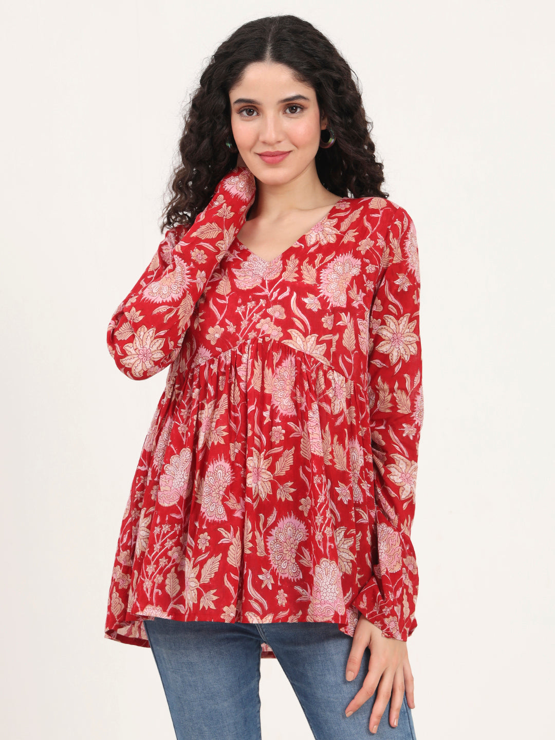 Noe Velarro Red Floral Printed V Neck Cotton Top