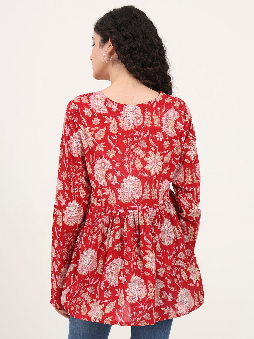 Noe Velarro Red Floral Printed V Neck Cotton Top