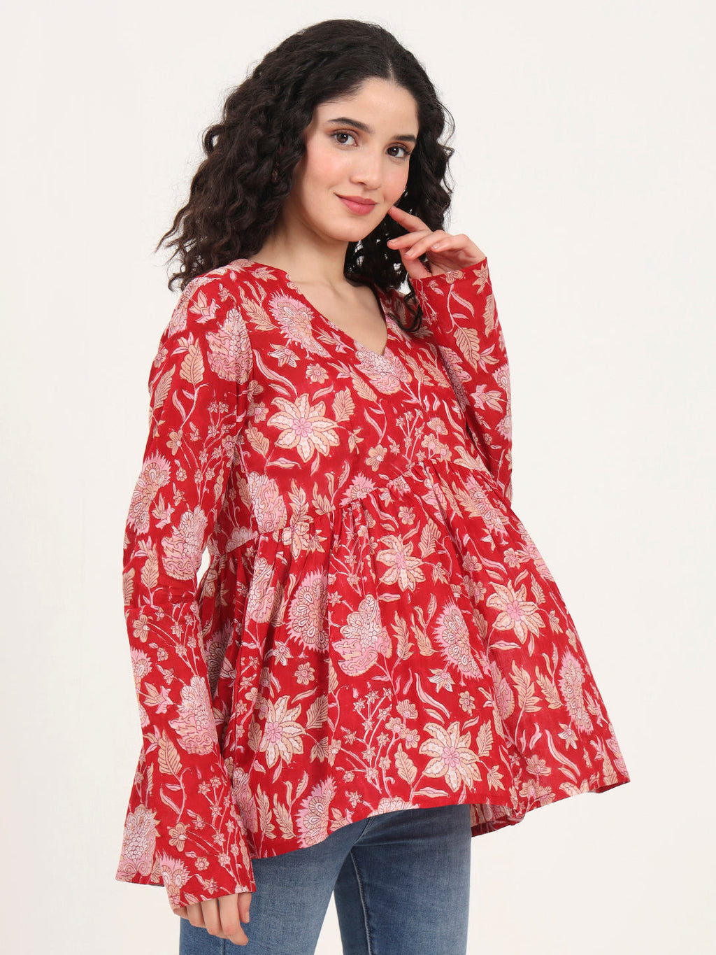 Noe Velarro Red Floral Printed V Neck Cotton Top