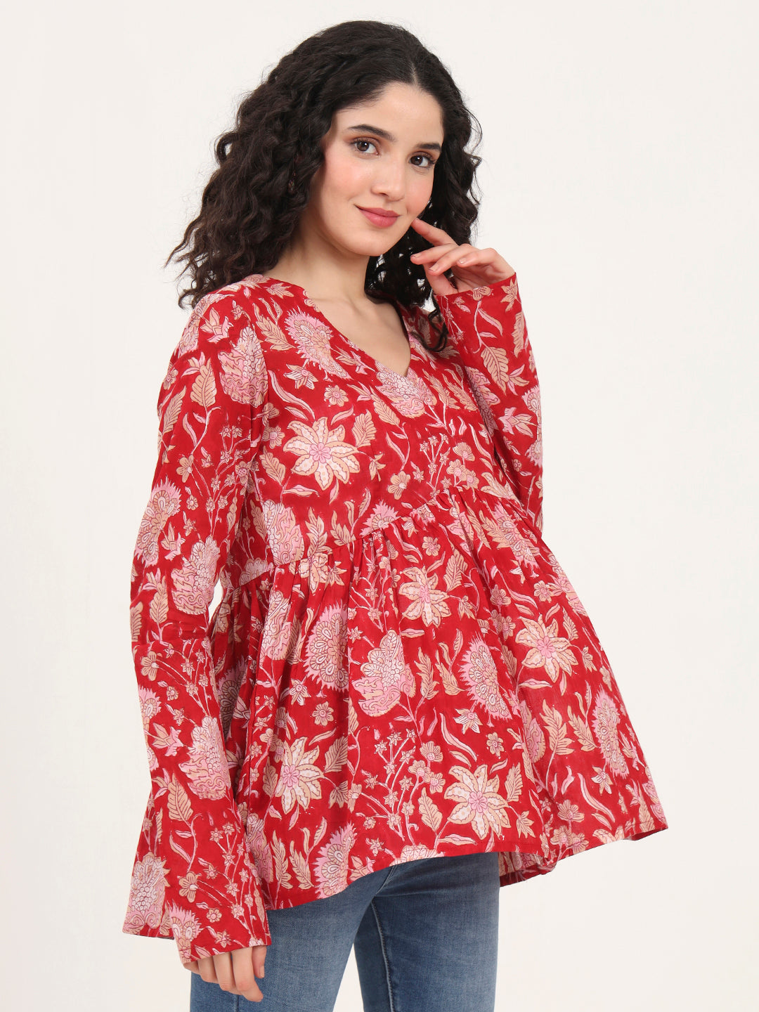 Noe Velarro Red Floral Printed V Neck Cotton Top