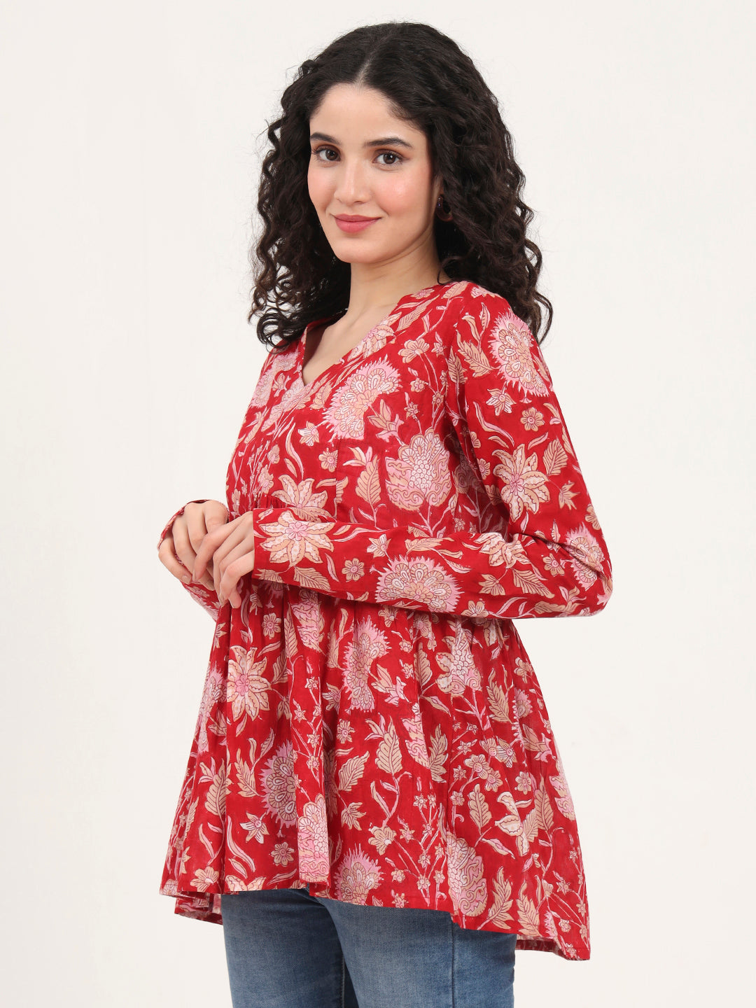 Noe Velarro Red Floral Printed V Neck Cotton Top