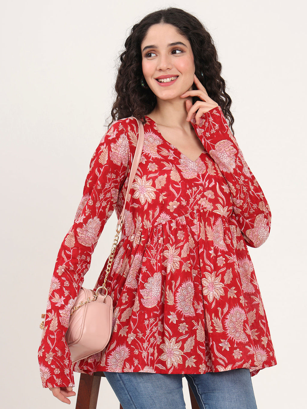 Noe Velarro Red Floral Printed V Neck Cotton Top