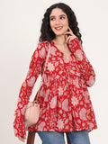 Noe Velarro Red Floral Printed V Neck Cotton Top