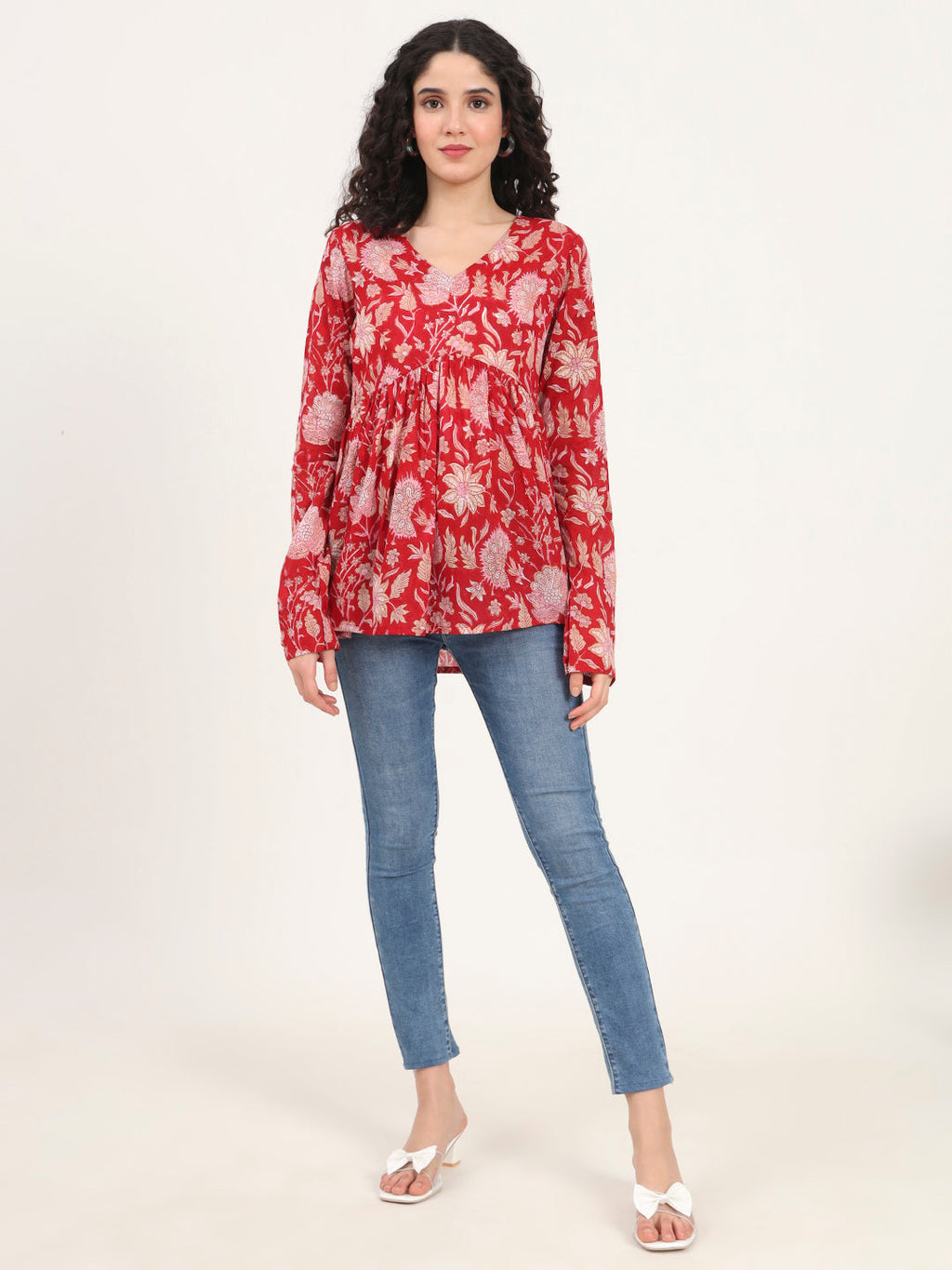Noe Velarro Red Floral Printed V Neck Cotton Top