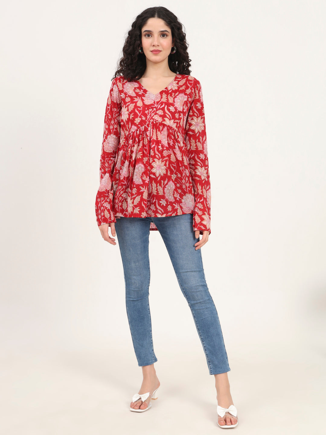 Noe Velarro Red Floral Printed V Neck Cotton Top