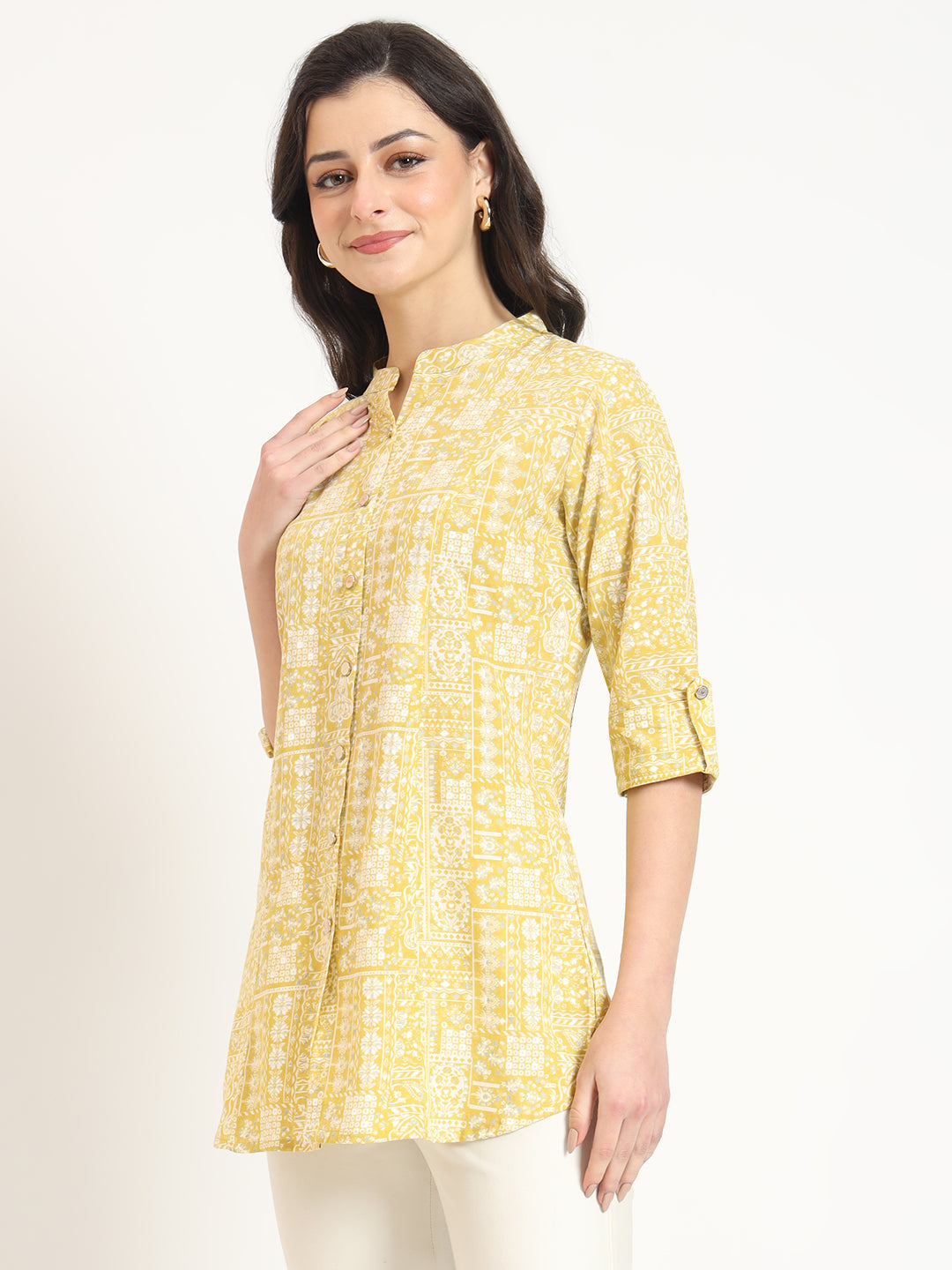 Noe Velarro Yellow Cotton Fabric Straight Top