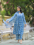 Noe Velarro Blue Cotton Paisley Printed Kurta Pant Set With Dupatta