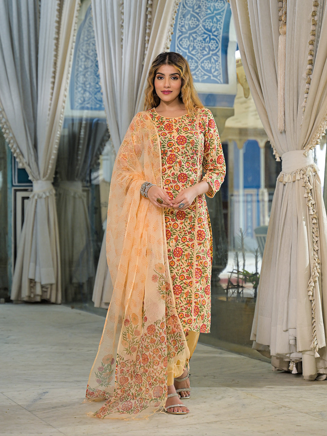 Noe Velarro Yellow Hand Block Cotton Straight Kurta Pant With Dupatta