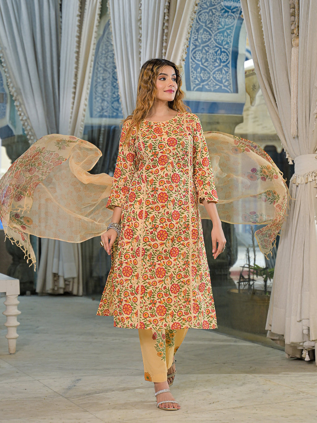 Noe Velarro Yellow Hand Block Cotton Straight Kurta Pant With Dupatta