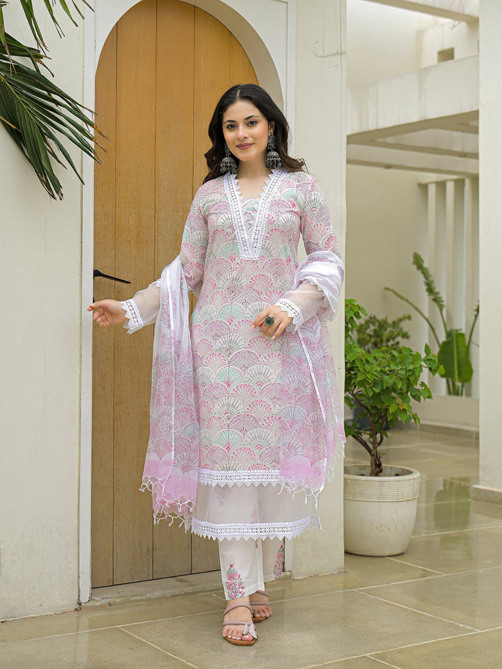 Noe Velarro White Cotton Hand Block Straight Kurta Pant Sets With Dupatta