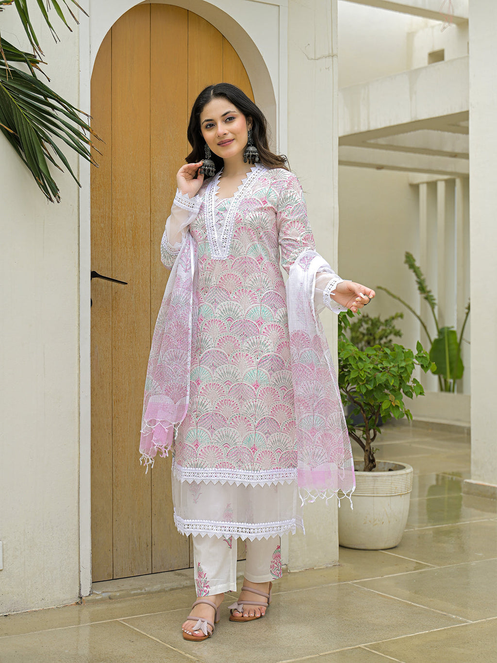 Noe Velarro White Cotton Hand Block Straight Kurta Pant Sets With Dupatta