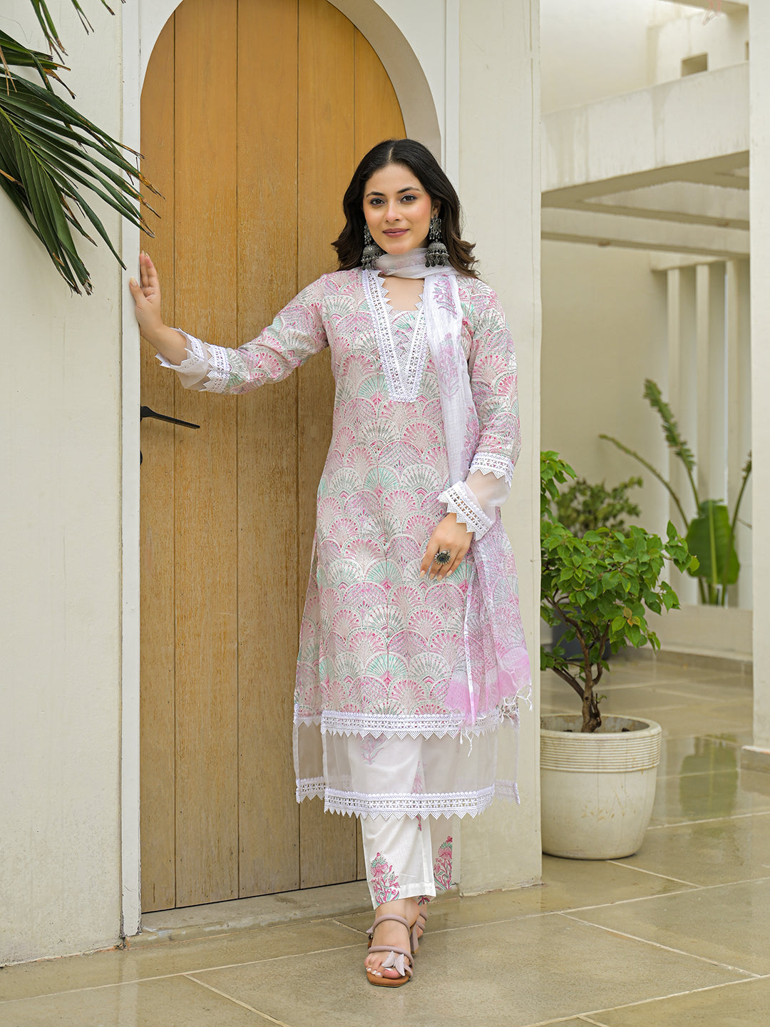 Noe Velarro White Cotton Hand Block Straight Kurta Pant Sets With Dupatta