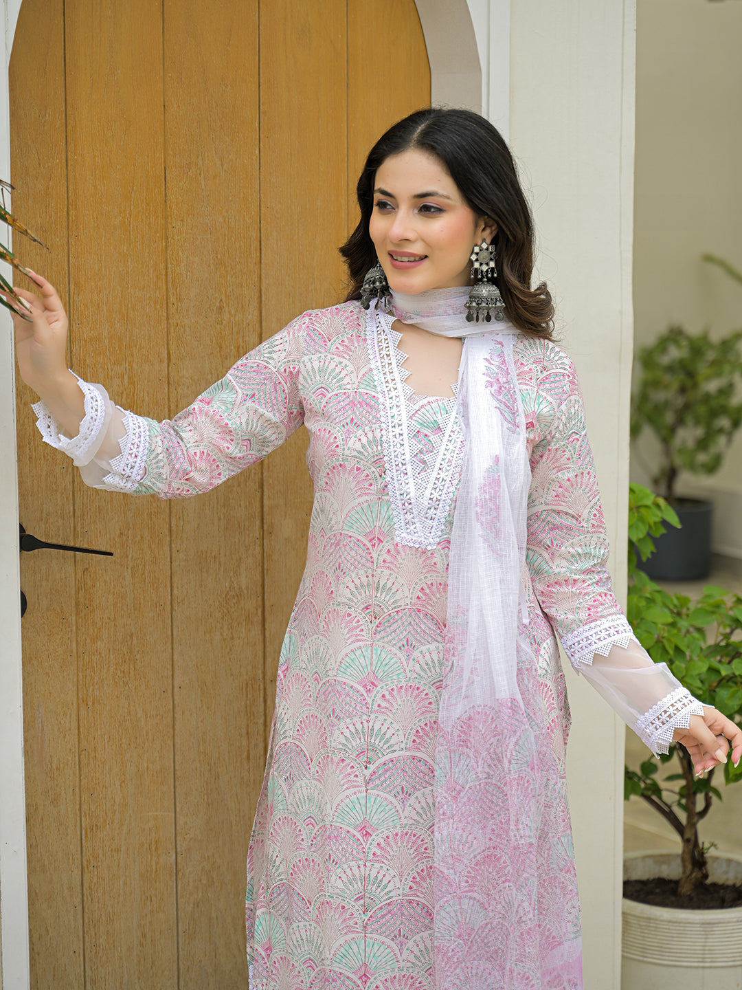 Noe Velarro White Cotton Hand Block Straight Kurta Pant Sets With Dupatta
