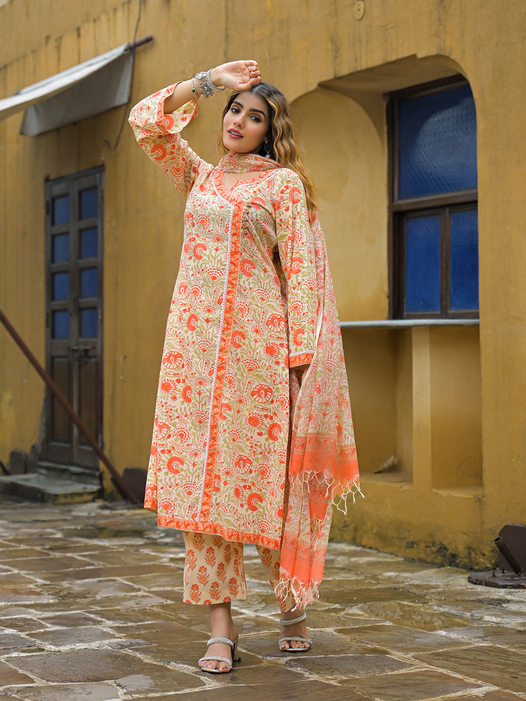 Noe Velarro Orange Straight Floral Print Hand Block Cotton Kurta Sets With Dupatta