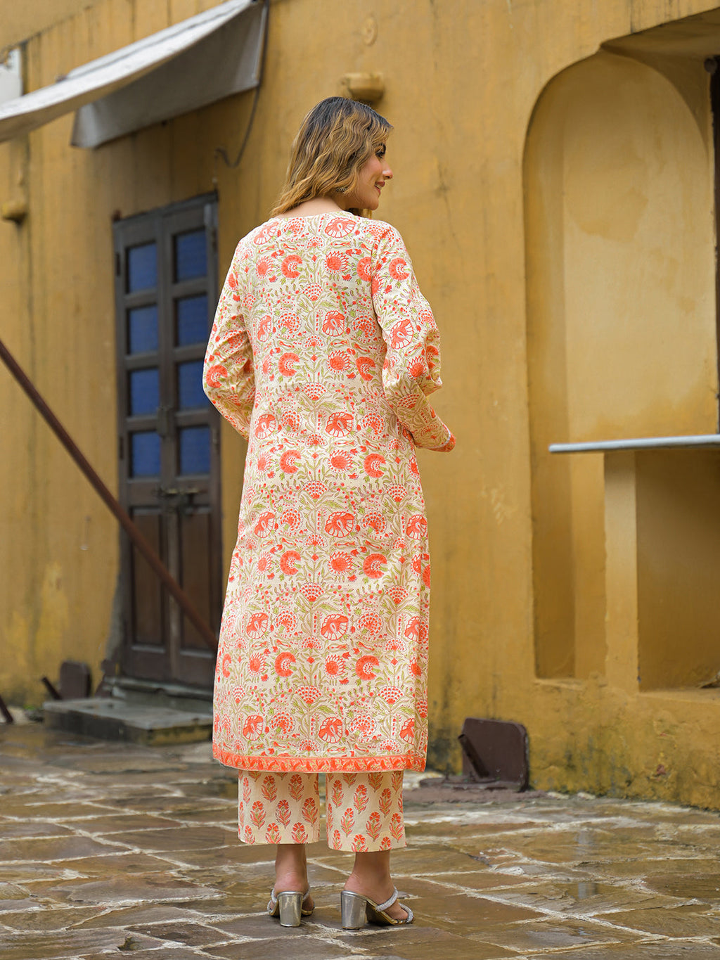 Noe Velarro Orange Straight Floral Print Hand Block Cotton Kurta Sets With Dupatta