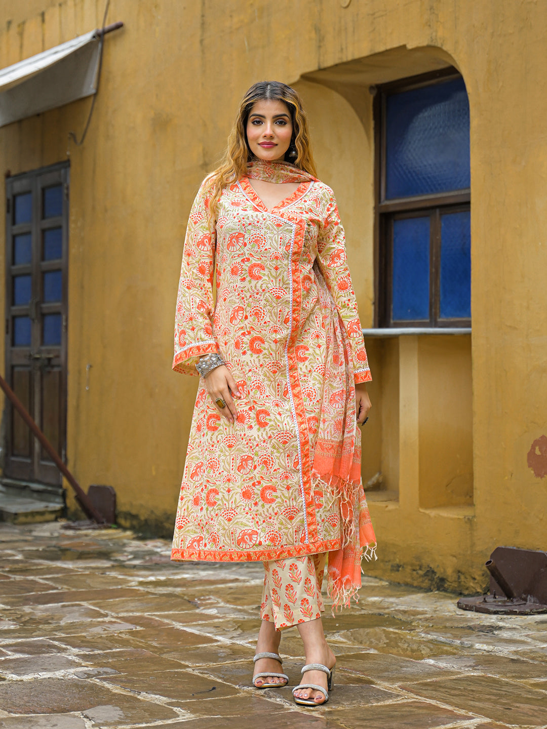 Noe Velarro Orange Straight Floral Print Hand Block Cotton Kurta Sets With Dupatta