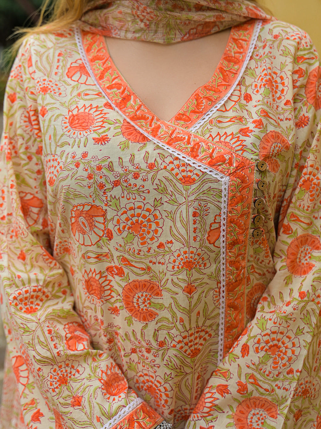 Noe Velarro Orange Straight Floral Print Hand Block Cotton Kurta Sets With Dupatta