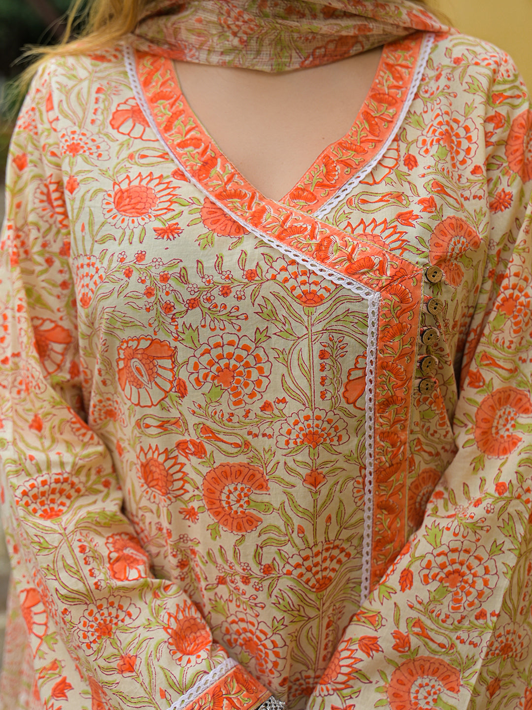 Noe Velarro Orange Straight Floral Print Hand Block Cotton Kurta Sets With Dupatta