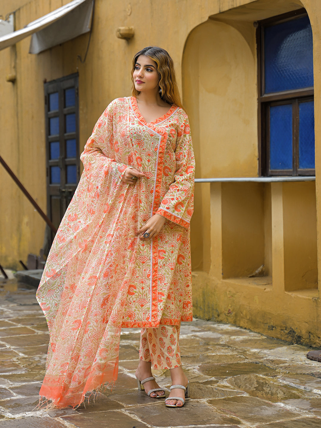 Noe Velarro Orange Straight Floral Print Hand Block Cotton Kurta Sets With Dupatta