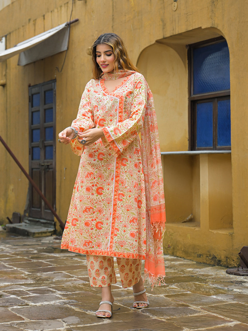 Noe Velarro Orange Straight Floral Print Hand Block Cotton Kurta Sets With Dupatta