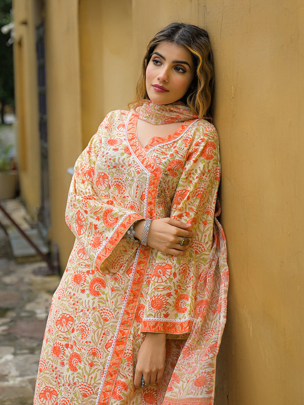 Noe Velarro Orange Straight Floral Print Hand Block Cotton Kurta Sets With Dupatta
