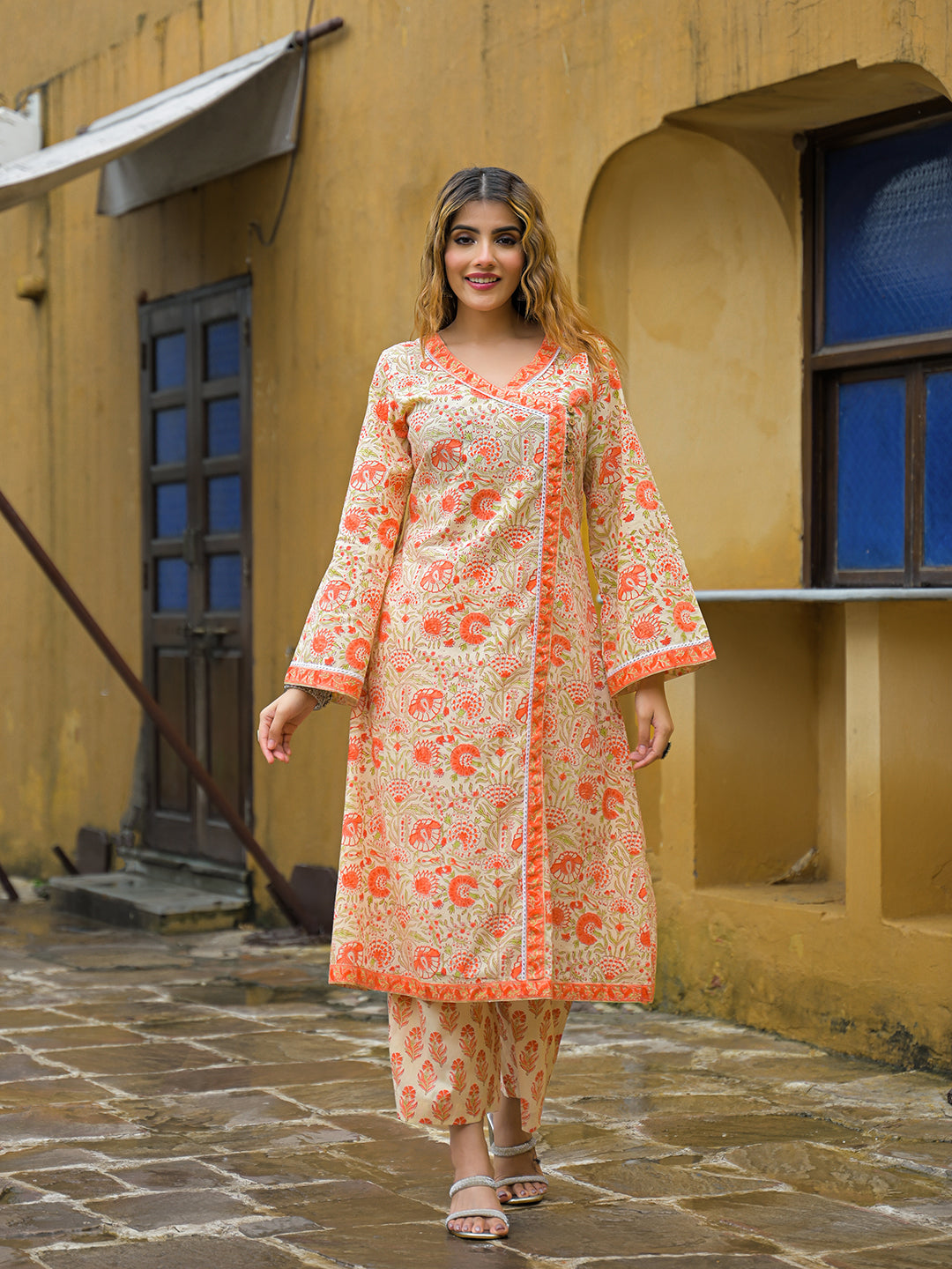 Noe Velarro Orange Straight Floral Print Hand Block Cotton Kurta Sets With Dupatta
