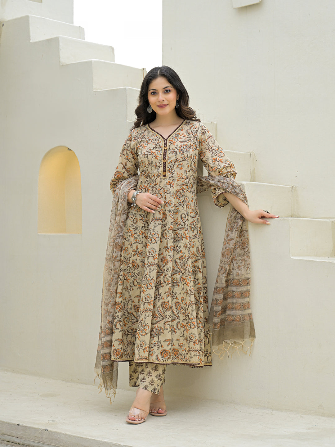 Noe Velarro Beige Cotton Hand Block Anarkali Kurta Pant Sets With Dupatta