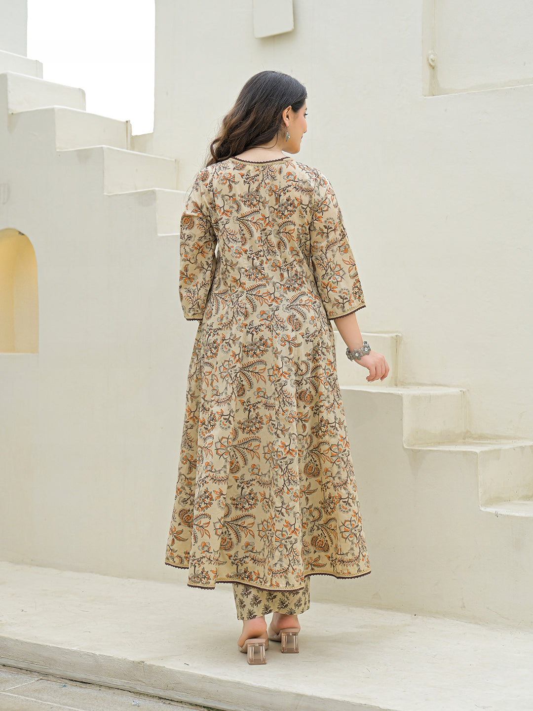Noe Velarro Beige Cotton Hand Block Anarkali Kurta Pant Sets With Dupatta