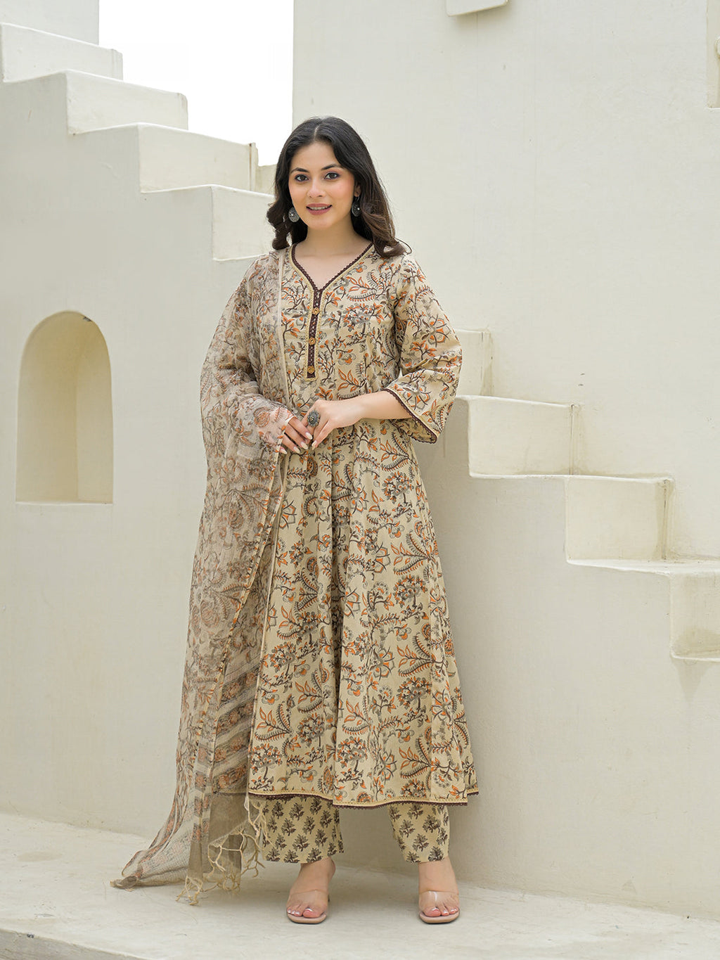Noe Velarro Beige Cotton Hand Block Anarkali Kurta Pant Sets With Dupatta