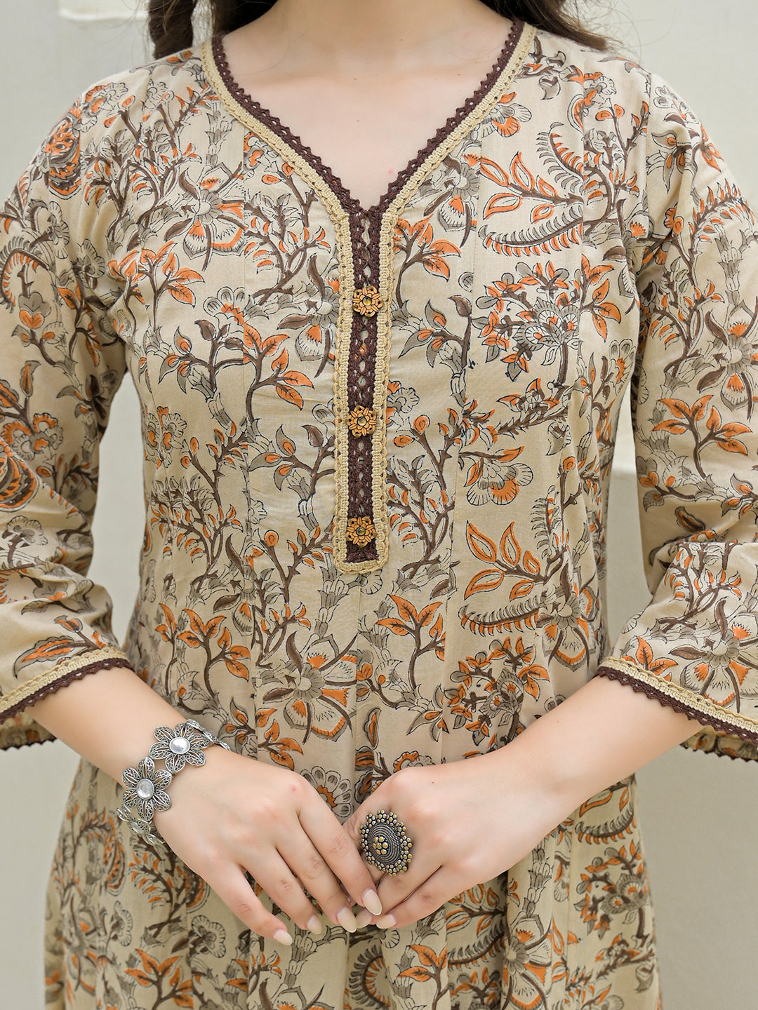 Noe Velarro Beige Cotton Hand Block Anarkali Kurta Pant Sets With Dupatta