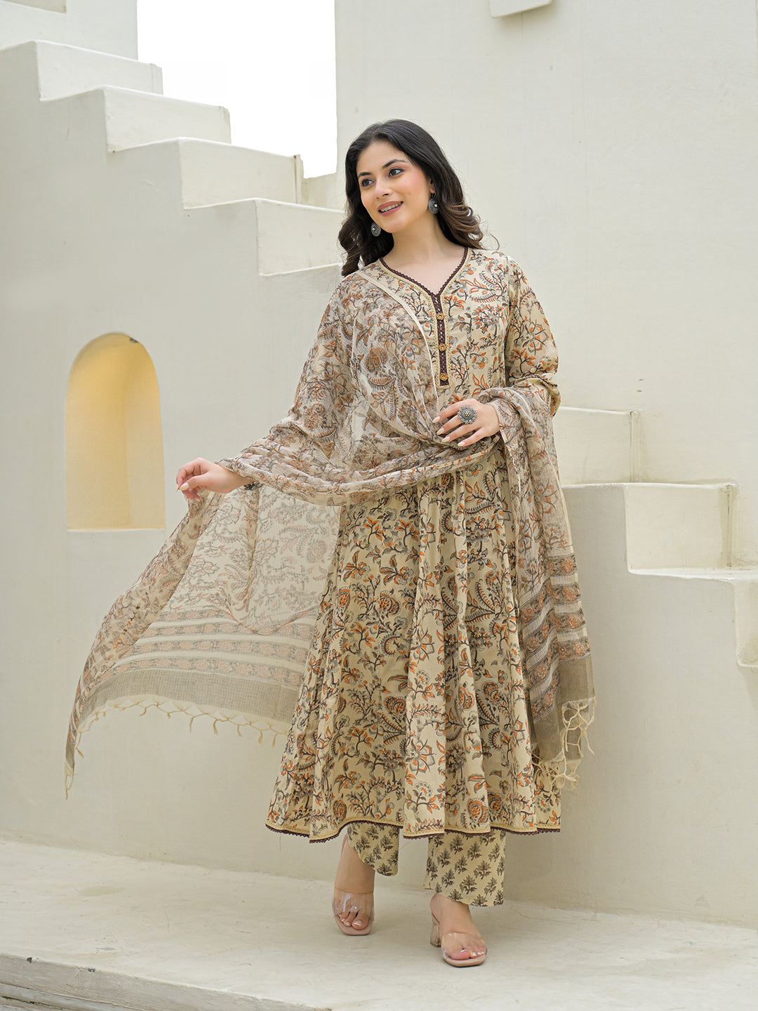 Noe Velarro Beige Cotton Hand Block Anarkali Kurta Pant Sets With Dupatta