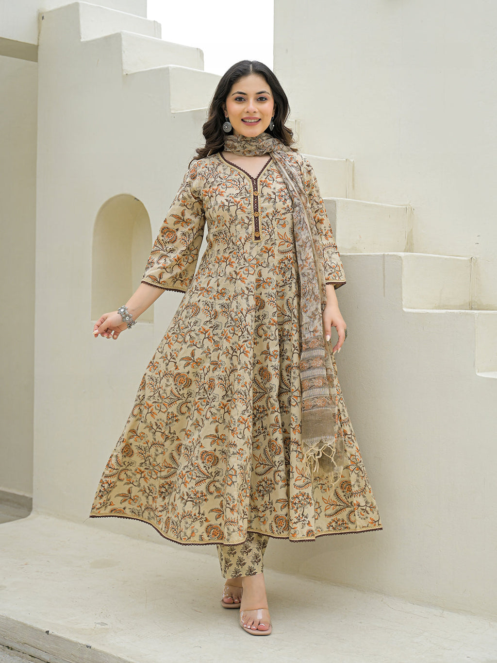 Noe Velarro Beige Cotton Hand Block Anarkali Kurta Pant Sets With Dupatta