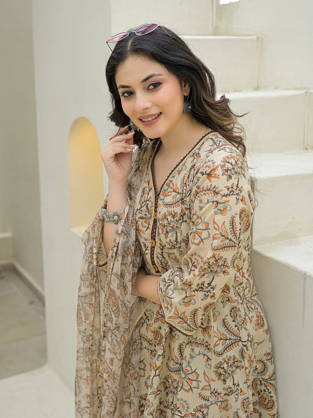 Noe Velarro Beige Cotton Hand Block Anarkali Kurta Pant Sets With Dupatta
